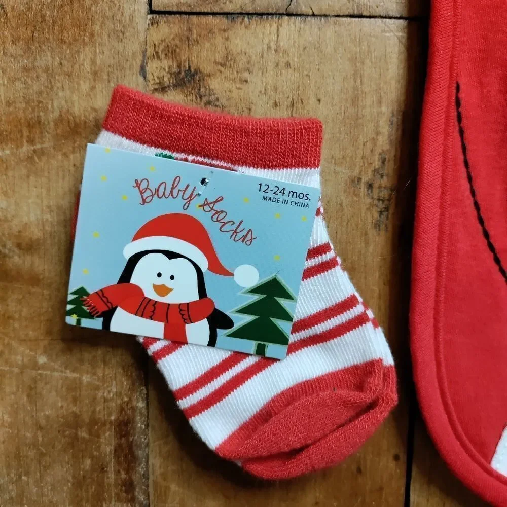 My first Christmas bib socks set water resistant Santa holiday accessories new